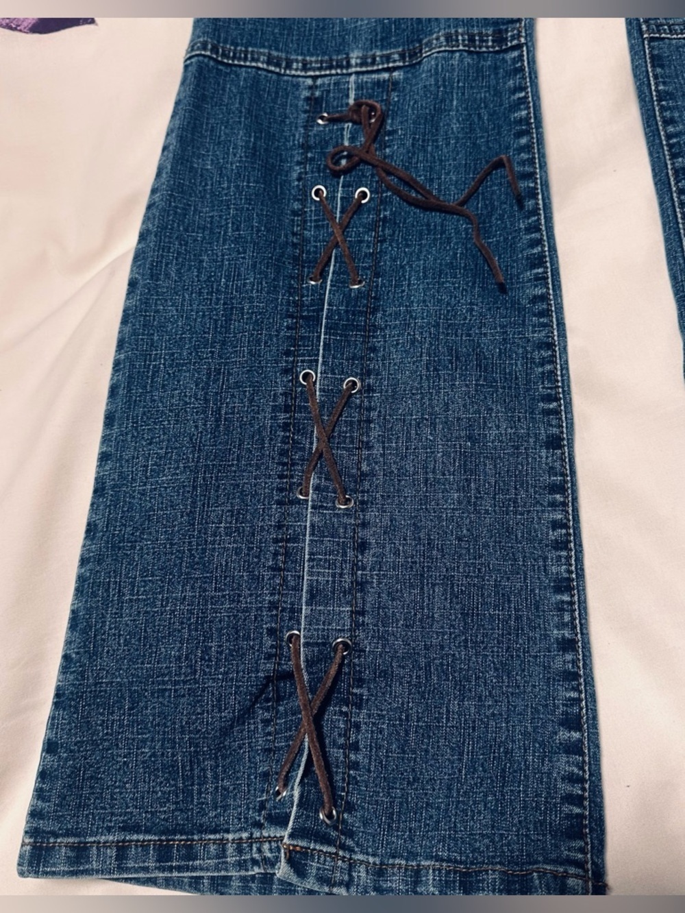 Vintage Y2K Sebo Paris 32/30 Flare Jeans Leather Lacing Mid Rise Boho - Picture 2 of 10